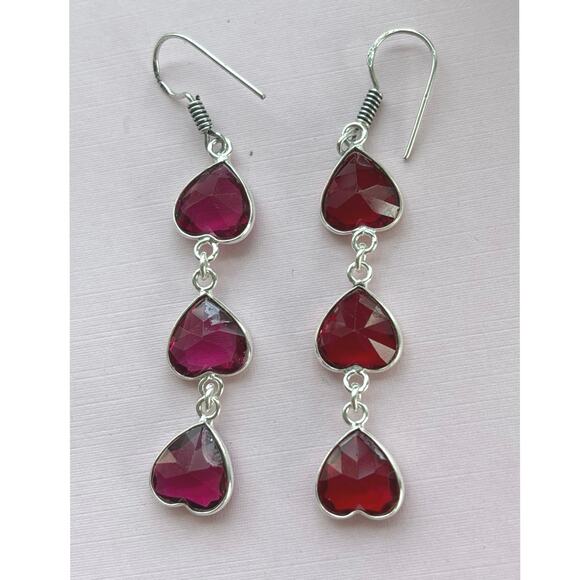 925 Sterling Garnet Dangle Heart  Earrings - Picture 4 of 5